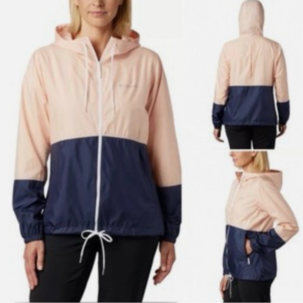 Columbia Flash Forward Windbreaker Jacket Hooded S Peach, Navy
